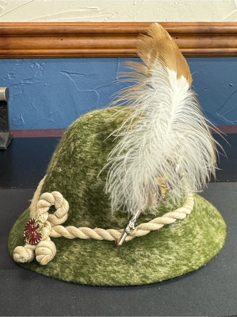 Vintage Green Felt Tyrolean Alpine Hat Feather Braided Cord Floral Brooch